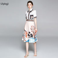 Spring Summer Fall Runway 2pcs Women Ladies Sets Vintage Baroque Print Collar Long Sleeve Tops Shirt Blouse Mini Skirt Suits Luxury Outfits