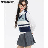 MAOZHUXIA เสื้อกั๊กคอวีขนสัตว์ตัดมิ้งค์เทียมสีตัดกันลายทางสไตล์มหาลัยสำหรับฤดูใบไม้ผลิเสื้อกั๊กระดับเอวสั้น