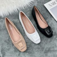 2023 spring new style small fragrant wind gentle single shoes [foreign trade source single large size shoes] square buckle flat commuter womens shoes 【QYUE】