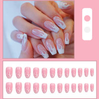 【LuckShops】BEAUTYBIGBANG 1 Box Package Pink and white Flame Powder Frosted Nail Patch Finished Trapezoidal Wearable Mid-length Removable Fake Nail Patch False Nails With Free Glue