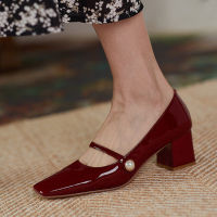 Spring Autumn Women Pumps Pearl Mary Janes Shoes Patent Leather Dress Shoes Woman Mid Heels Office Lady Shoe Square Toe 9023N