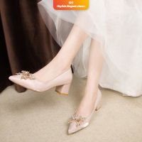 SES high heels women shoes kasut tinggi perempuan murah Rhinestone Bow Chunky Heel Pointed-Toe Temperament Wedding Party heels for women Classic Bridesmaids Shoes Bridal Shoes