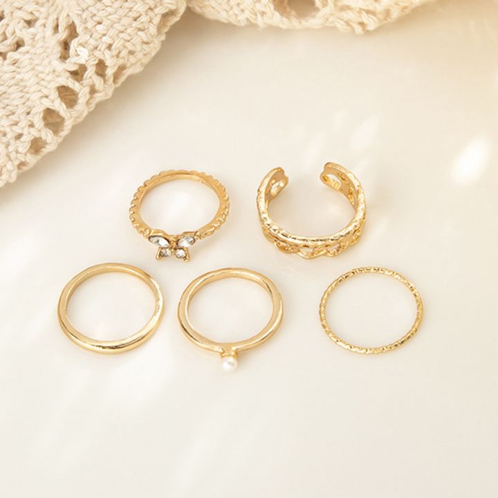 ชุดแหวนข้อนิ้วคลื่นความโน้มถ่วง5ชิ้น-ชุดเครื่องประดับผู้หญิงชุดแหวนใส่นิ้วไข่มุกเทียมรูปผีเสื้อเว้าออกวินเทจ