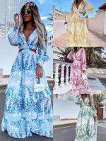 【hot】☞◆❍  Vestidos  flounces summer new chain long sleeve v-neck lace fashion print dress trendy V-neck d