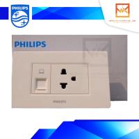 PHILIPS เต้ารับคอมพิวเตอร์ LAN Cat 6 ฟิลิปส์ LeafStyle RJ45 Cat6 + ปลั๊กกราวน์เดี่ยวพร้อมหน้ากาก3ช่อง ฟิลิปส์ ครบชุด ขาว