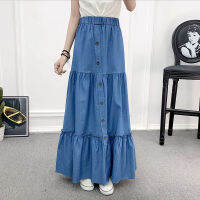 90cm Length Denim Skirts Womens 2021 Spring Elastic High Waist Button Shirring Patchwork Ruffle Long Maxi Skirt Beho Jeans Falda2023