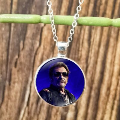 JDY6H Rock Star Johnny Hallyday Necklace for Men Women Glass Cabochon Pendant Chain Necklaces Jewelry