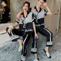 Summer New Couple Pajamas Female Thin Ice Silk MenS Short -Sleeved Long Trousers Net Red Inspiration