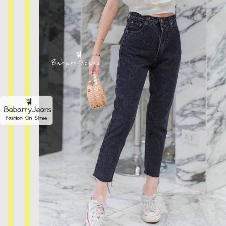 พร้อมส่ง-babarryjeans-กางเกงขายาว-ผญ-ยีนส์ทรงบอย-เอวสูง-ปลายตัด-รุ่นคลาสสิค-original-สีมิทไนท์