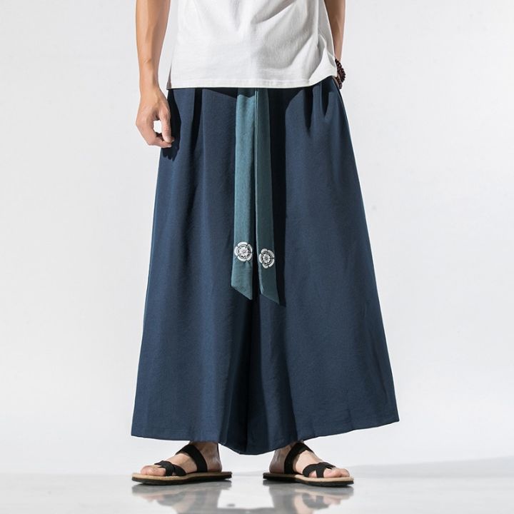 ญี่ปุ่น-samurai-สไตล์-kimono-หลวมสบายๆกางเกงขาม้าสำหรับแฟชั่นสตรีทแวร์สำหรับชายผ้าลินินชายกางเกงกางเกง