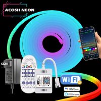 แถบนีออน RGBW 32.8ft/10M 12-24V DC ยืดหยุ่นแถบซิลิโคนกันน้ำ Wifi RGB สมาร์ทรีโมทคอนโทรลหรี่แสงได้ตกแต่ง