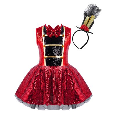 Kids Girls Circus Ringmaster Costumes Shiny Sequins Leotard Tutu Dress with Feather Hat for Halloween Carnival Party Dress Up