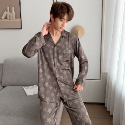 ชุดนอนผู้ชาย ชุดนอนชาย กางเกงนอนผู้ชาย Animal Pattern Silk Long Sleeve Pajama Terno Men Cardigan Satin Pajamas Sleepwear for Male  Boyfriend Husband Fathers Gift StayHome Wear