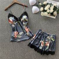 【jw】♘  Womens Pajamas-sets Sleeveless Sling And Shorts Homewear Faux Silk Soft Sleepwear with Shest