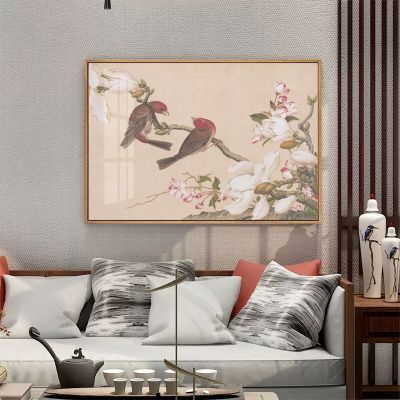 ผ้าใบจิตรกรรมจีนโบราณวินเทจทิวทัศน์ดอกไม้พิมพ์ตกแต่งบ้านศิลปะนามธรรมนกที่บนต้นไม้โดย Lang Shi Ning มีกรอบด้านในหรือไร้กรอบ1ชิ้น