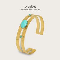 【YF】 YACHAN Vintage Natural Turquoise Stainless Steel Cuff Bracelet for Women Adjustable Gold-Plated Bangle Aesthetic Jewelry Gift