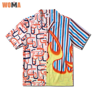 WOMA เสื้อเชิ้ตแขนสั้นพิมพ์ลายเปลวไฟสำหรับผู้ชาย,เสื้อลำลองทรงหลวมเสื้อเชิ้ตแขนสั้นคอปกเสื้อยืดสำหรับผู้ชาย