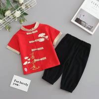 New Year CNY Baby Boys Tang Suit Lunar New Year Short Sleeve Hangfu Suit Kids Spring Festival Floral Shirts Pants Set