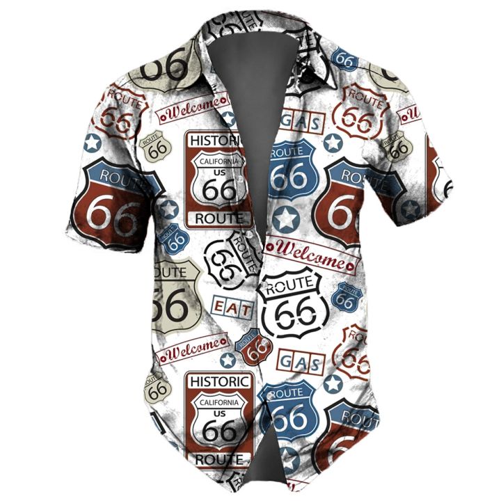 เสื้อฮาวายวินเทจสำหรับผู้ชายเสื้อผ้าพิมพ์ลายถนน66-3d-เสื้อแฟชั่นแขนลำลองขาสั้นเสื้อโอเวอร์ไซส์