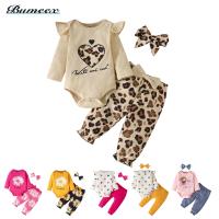 【CW】 Bumeex 0-24m Newborn Baby Onesie Set Heart-shaped Long-sleeved   Leopard Print Pants Bow Headband 3-piece