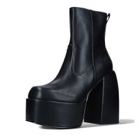 Punk Style Boots Autumn Winter High Heels Elastic Microfiber Knee-High Shoes Women Black Leather Boot Waterproof Platform Shoes