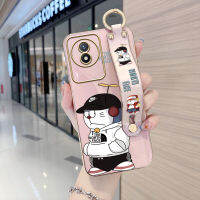 Case4you สำหรับ Vivo Y02T Y02A พร้อมสายรัดข้อมือแฟชั่นขอบสี่เหลี่ยมนุ่มเป็นที่นิยมโดราเอมอนชุบเคสโทรศัพท์ชุบหรูหราชุบเคสโทรศัพท์นิ่ม