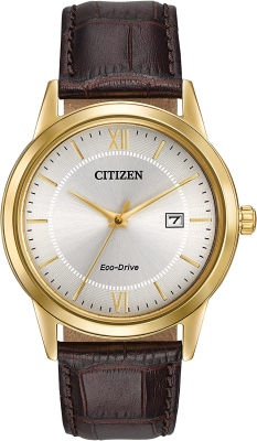 Citizen Eco-Drive Corso Quartz Mens Watch, Stainless Steel with Leather strap, Classic, Brown (Model: AW1232-04A)