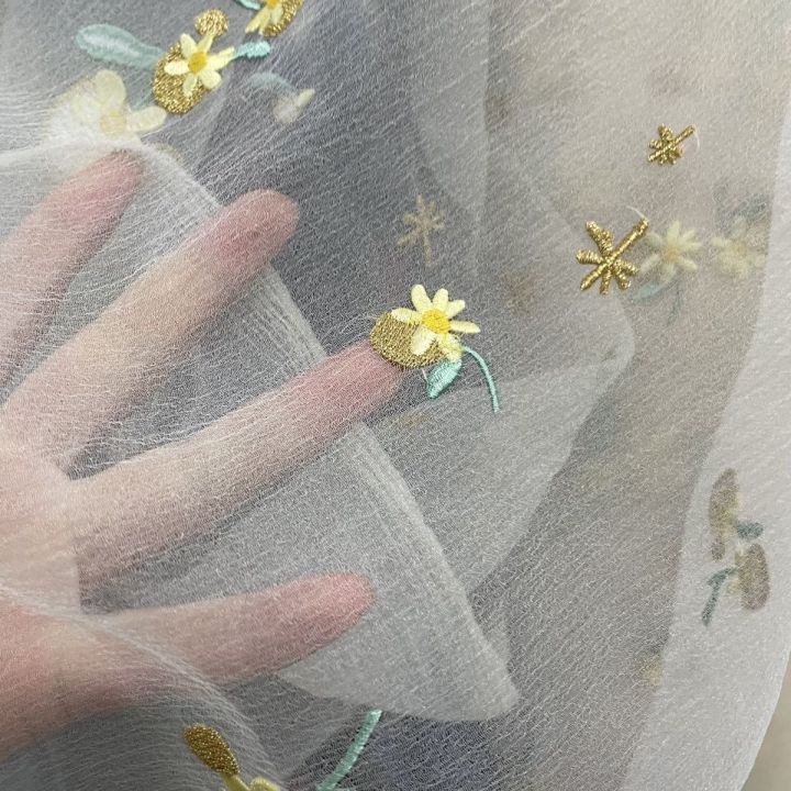 ชุดเดรสชุดเดรสสผ้าผ้าชีฟองเนื้อจีบขนาดเล็กดอกกลางแจ็คการ์ดปักโปร่งแสง