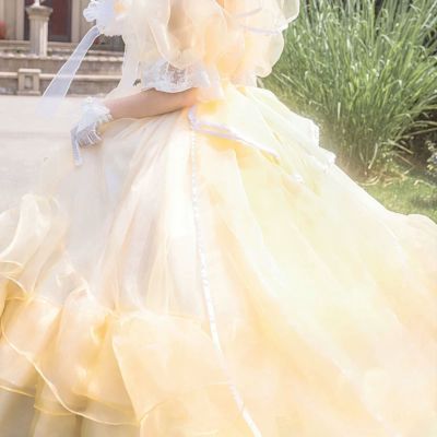 ชุดเดรสลูกไม้สีเหลืองสำหรับแต่งงานชุดเจ้าหญิงปักลายดอกไม้ Lolita Jsk สำหรับผู้หญิงเครื่องแต่งกายคริสมาสต์
