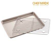 CHEFMADE 13 นิ้ว Non-Stick ตื้นการอบทรงสี่เหลี่ยมมุมฉากถาดย่างถาดอบคุกกี้ Rack สีทองตะแกรงพักขนมตื้นถาดอบขนมรวมกับตาข่ายอบ