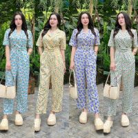 MM18909 จั้มสูทปกสูทขายาว ลายดอกไม้ +เข็มขัด Long-sleeved jumpsuit with floral pattern + belt