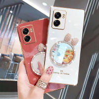 เคสสำหรับ Vivo IQOO Z7 5G/IQOO Z7x 5G พร้อมกระจกแต่งหน้าติดโบว์เงื่อน6D หรูหรากรอบสี่เหลี่ยมชุบเคสมือถือซิลิโคน Casing Ponsel ด้านหลังกันกระแทกสำหรับเด็กผู้หญิง