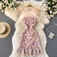 C441 Women New Fashion Sexy Sparkling Sequins Evening Slim Sleeveless Fishtail Dress Vintage Elegant Clothes Korean Vestidos