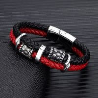 MKENDN Norse Vikings Thors Hammer Mjolnir Scandinavian Rune Amulet Beads Stainless Steel Mens Leather Bracelet Homme Pulseras