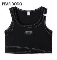 PEAR DODO เสื้อสายเดี่ยวคอกลมสองชิ้นปลอมสั้นเกาหลีสำหรับผู้หญิง