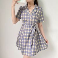 BOUND （in stock）Suit collar plaid temperament short sleeve dress