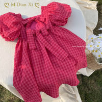 Summer Rose Pink Plaid Bow Dress Elegant Lolita Child Big Girls Midi Dress Children Dresses For Teens Party Princess Sundress  by Hs2023