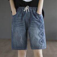 Plus Size M-2XL Womens Elastic Waist Denim Shorts Vintage