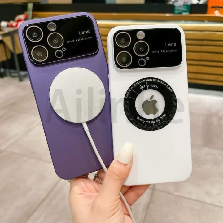 เคสโทรศัพท์แบบช่องกล้องรูเข็มสำหรับ-iphone-14-plus-13-12-pro-max-สุดหรูสำหรับไร้สายแม่เหล็ก-magsafe-ชาร์จได้เคสพีซีโลโก้