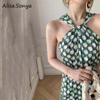 Alisa.sonya ผู้หญิง Polka Dot ชุดเกาหลีสไตล์ Elegant Halter คอแขนกุดสีเขียวกึ่งทางการ Maxi Slip Dress พร้อมเข็มขัด