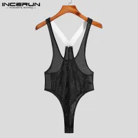 INCERUN 2022ใหม่ผู้ชาย Splicing Onesies สบาย Homewear Y Casual ชายทั้งหมดตรงกับ Breathable ตาข่ายแขนกุดบอดี้สูท S-5XL