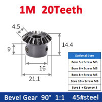 1PCS 1:1 Bevel Gear 1M 20Teeth Bore 5/6/8/10mm Gear 90 Degrees Meshing Angle Steel Gears Screw Hole M5 45# Carbon Steel-BIANO