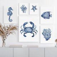 Luyameishop Nautical สีน้ำปะการัง,สาหร่าย,ปู,ปลาดาว,และ Seahorse Wall Art พิมพ์-Navy Blue ภาพวาดผ้าใบสำหรับห้องนั่งเล่น Home Decor