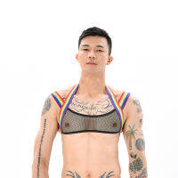 ผู้ชาย Rainbow Elastic ไหล่ Body สายรัดกล้ามเนื้อเข็มขัดโลหะ O-Rings ตาข่ายแฟนซี Clubwear Night Party เครื่องแต่งกายสายคล้องคอ