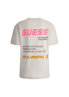 GUESS เสื้อยืดแขนแขนสั้นคอกลมพิมพ์ตัวอักษรทรงหลวมอเนกประสงค์สำหรับผู้หญิง YN8K1308