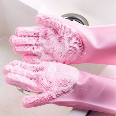 【CW】 Silicone Gloves Dishwashing Washing Sponge Household Scrubber Pink Safety Tools