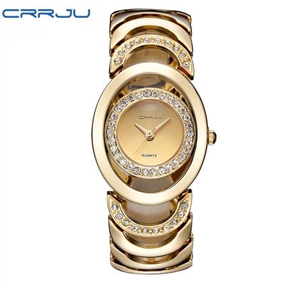 CRRJU นางสาวสร้อยข้อมือแบรนด์หรูนางสาวนาฬิกาควอตซ์ของขวัญเต็มสแตนเลส Rhinestone นาฬิกา