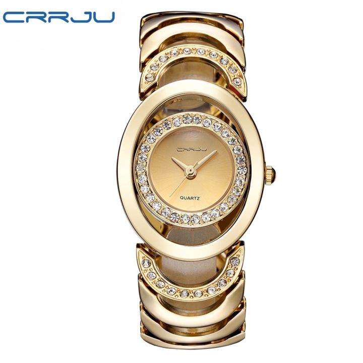 crrju-นางสาวสร้อยข้อมือแบรนด์หรูนางสาวนาฬิกาควอตซ์ของขวัญเต็มสแตนเลส-rhinestone-นาฬิกา