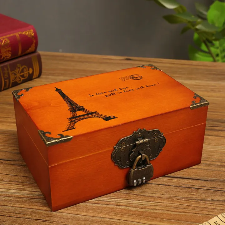 Wooden retro wooden storage box with lock password cosmetic jewelry