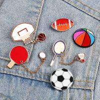 Sports Ball Series Brooch Soccer Basketball Ping Pong Enamel Pin with Chain Cartoon Fashion Accessories Denim Badge Jewelry Gift